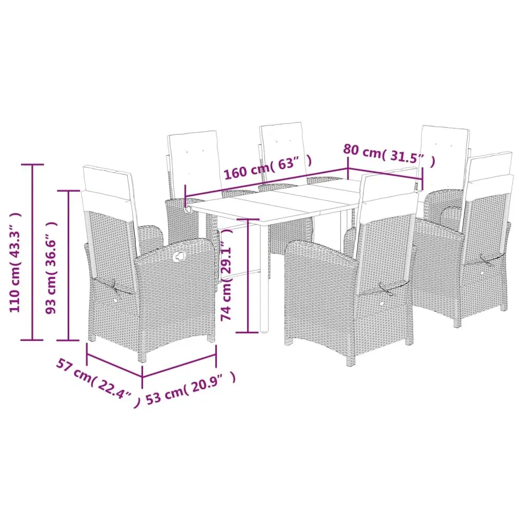 7 Piece Garden Dining Set Black Poly Rattan Cushioned Seating Tempered Glass Table