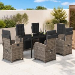 7 Piece Garden Dining Set with Cushions Grey Poly Rattan Outdoor Furniture