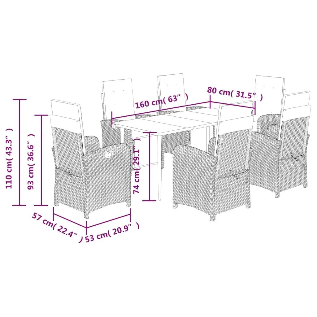 7 Piece Garden Dining Set with Cushions Grey Poly Rattan Outdoor Furniture