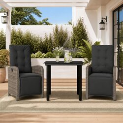 3 Piece Outdoor Bistro Set Grey Poly Rattan Garden Furniture with Cushions