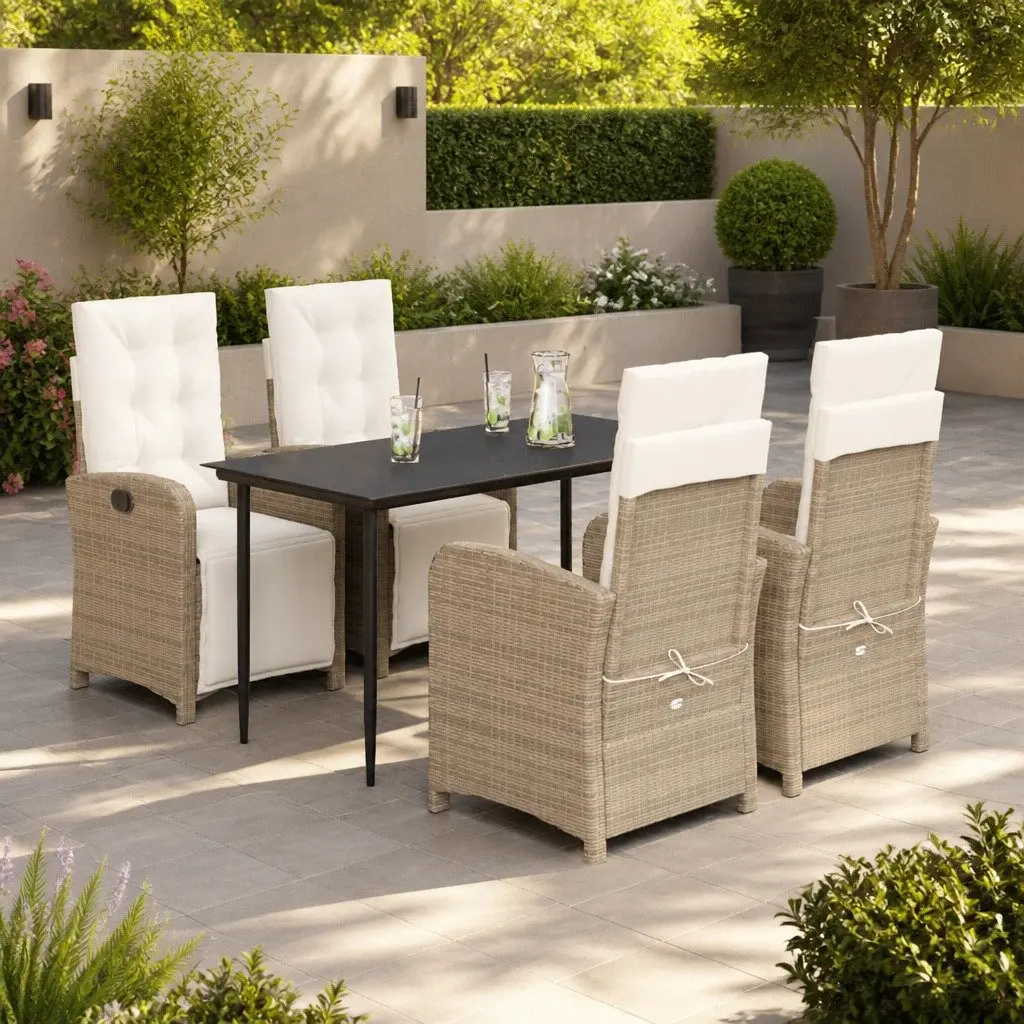 Garden Dining Set Beige 5 Piece Poly Rattan Outdoor Furniture with Cushions