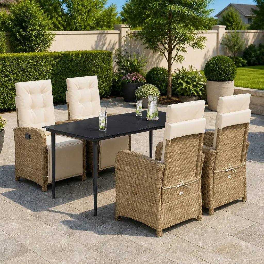 Garden Dining Set Beige 5 Piece Outdoor Furniture Poly Rattan Adjustable Backrest and Footrest
