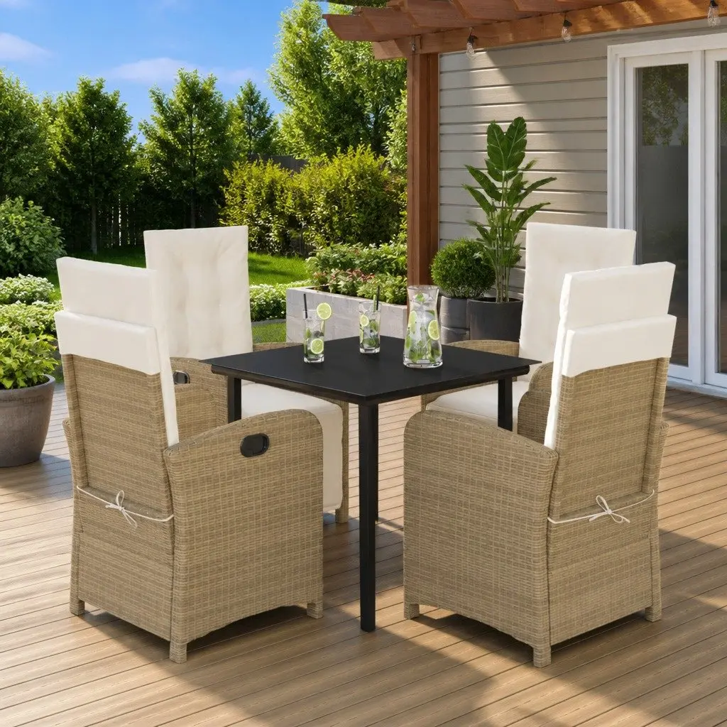 5 Piece Outdoor Dining Set Beige Cushions Adjustable Backrest Poly Rattan