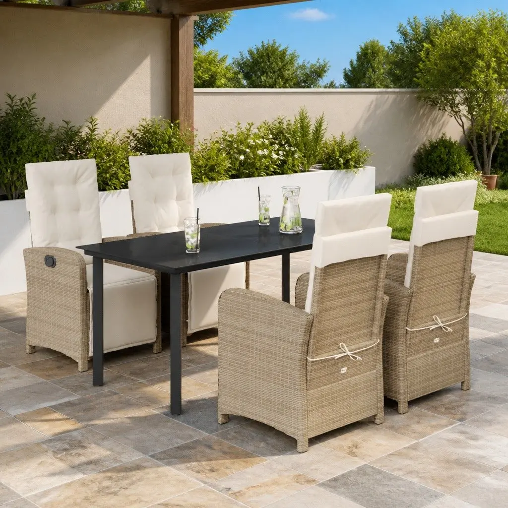 5 Piece Garden Dining Set Beige with Cushions Adjustable Backrest and Footrest Tempered Glass Tabletop