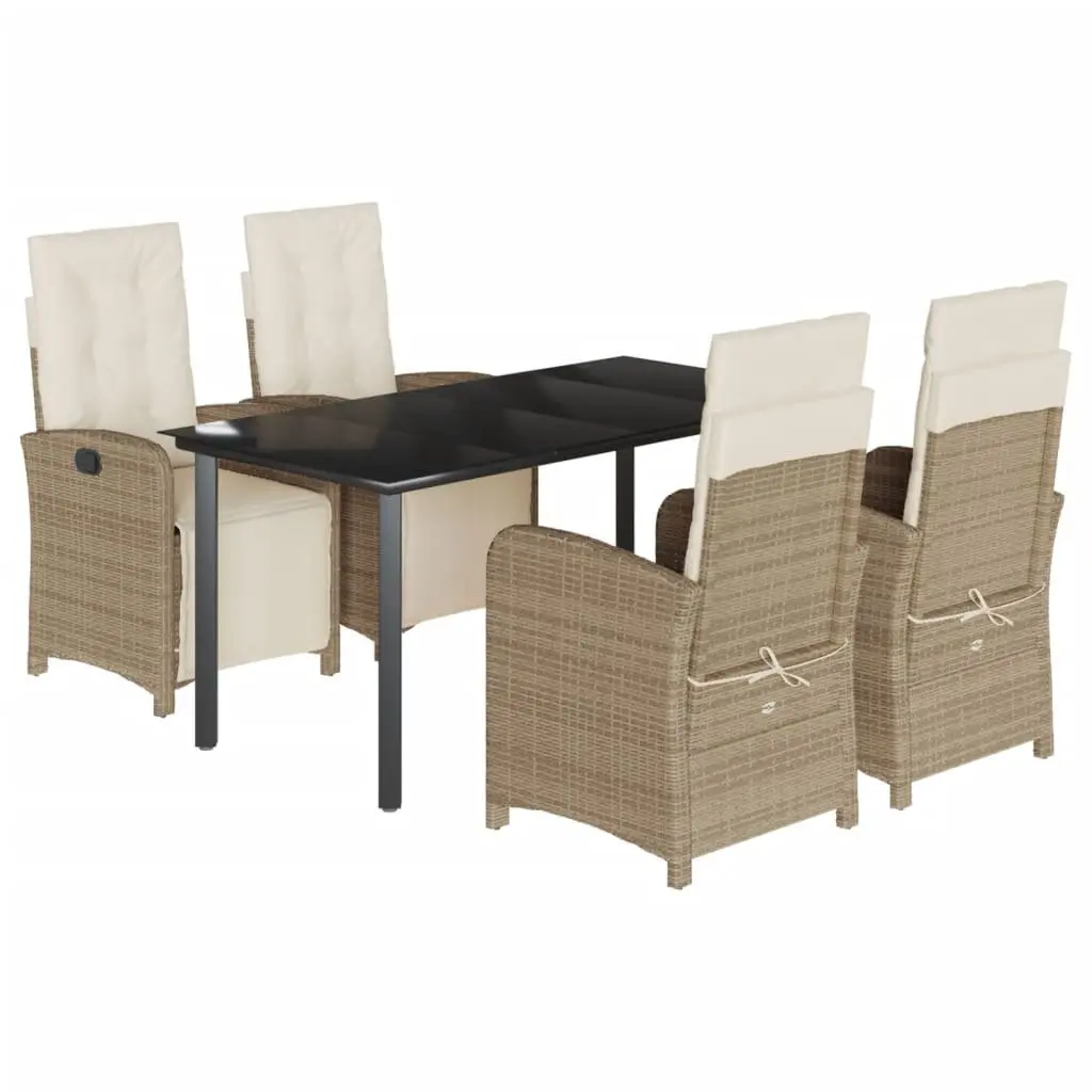 5 Piece Garden Dining Set Beige with Cushions Adjustable Backrest and Footrest Tempered Glass Tabletop