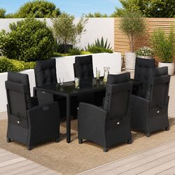 7 Piece Outdoor Garden Dining Set with Cushions Black Poly Rattan Furniture