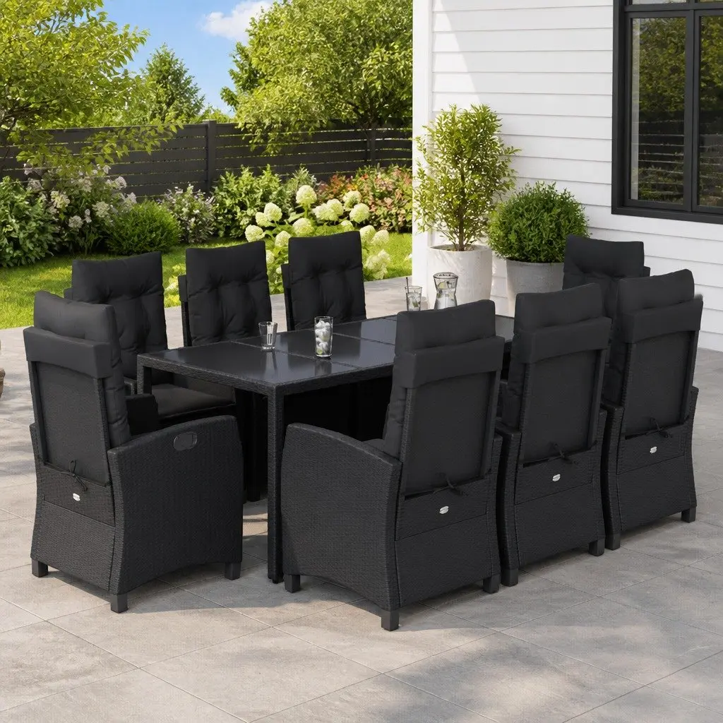 Garden Dining Set Black 9 Piece Outdoor Furniture PE Rattan Table Chairs Cushions