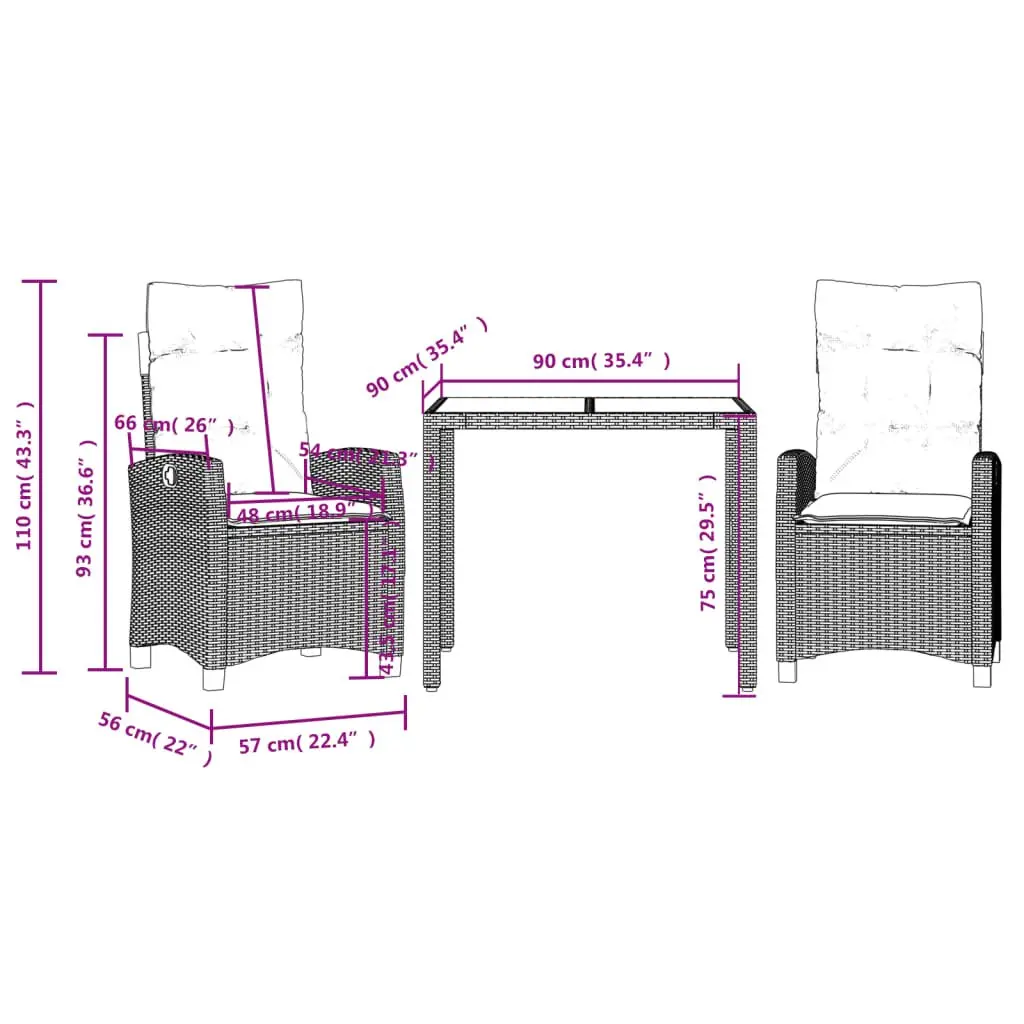 Outdoor Garden Dining Set Black 3 Piece Adjustable Backrest PE Rattan Furniture