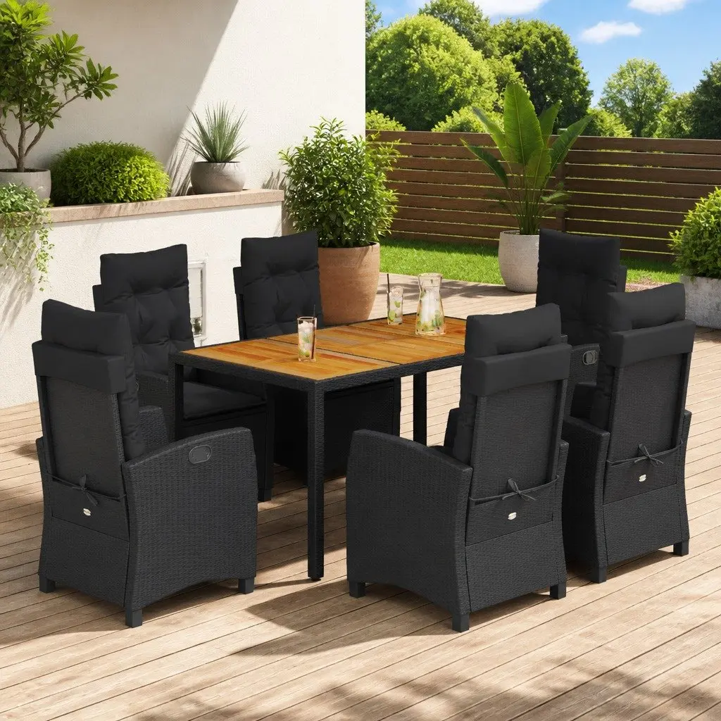 Outdoor Dining Set Black 7 Piece Garden Furniture PE Rattan Chairs Acacia Wood Table