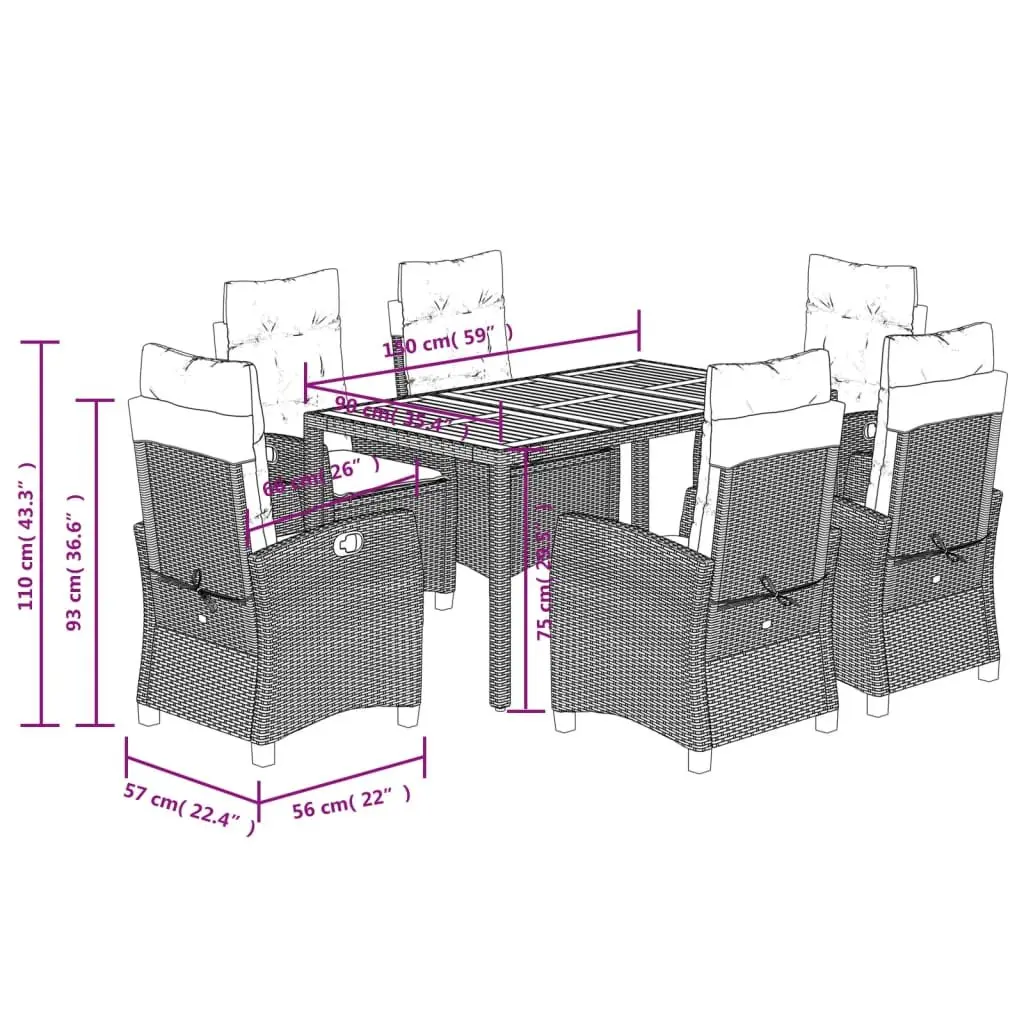 Outdoor Dining Set Black 7 Piece PE Rattan Garden Furniture with Cushions