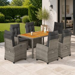 7 Piece Outdoor Dining Set Grey Poly Rattan Garden Furniture with Cushions