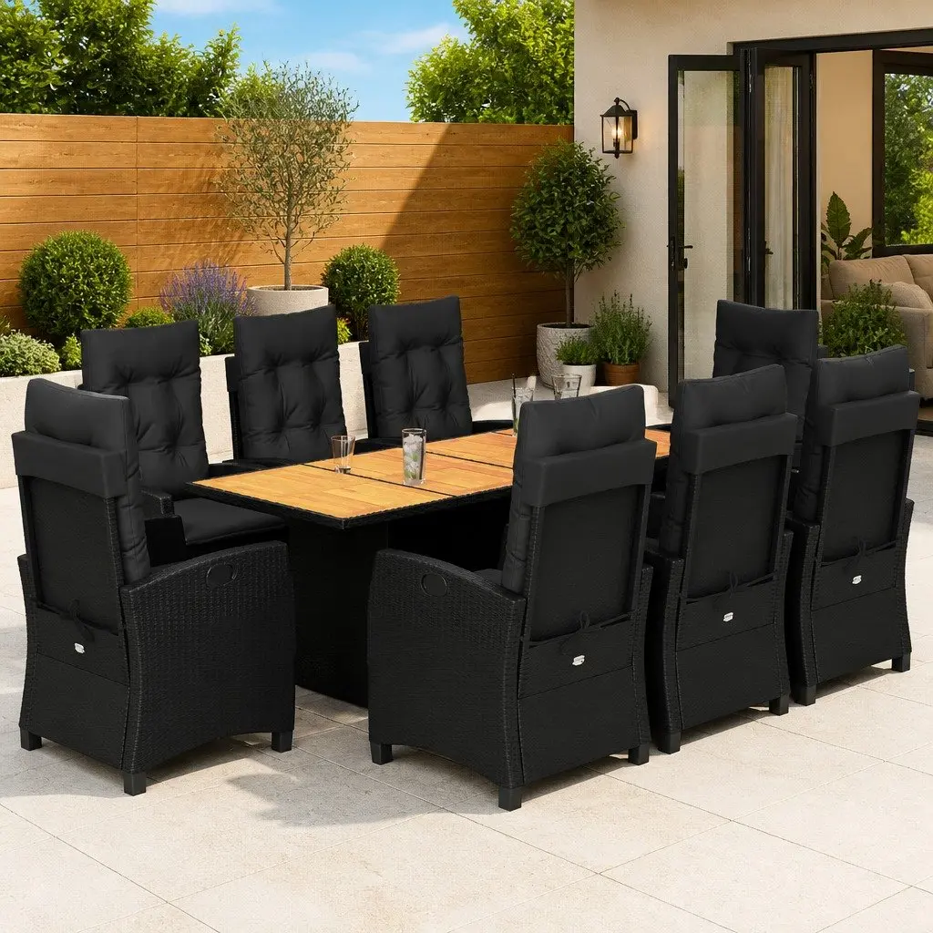 Garden Dining Set Black 9 Piece Outdoor Furniture Patio Table Chairs Cushions