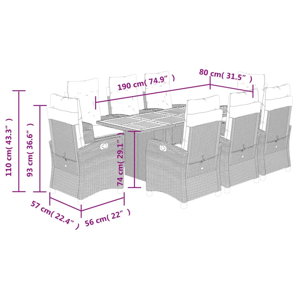Garden Dining Set Black 9 Piece Outdoor Furniture Patio Table Chairs Cushions