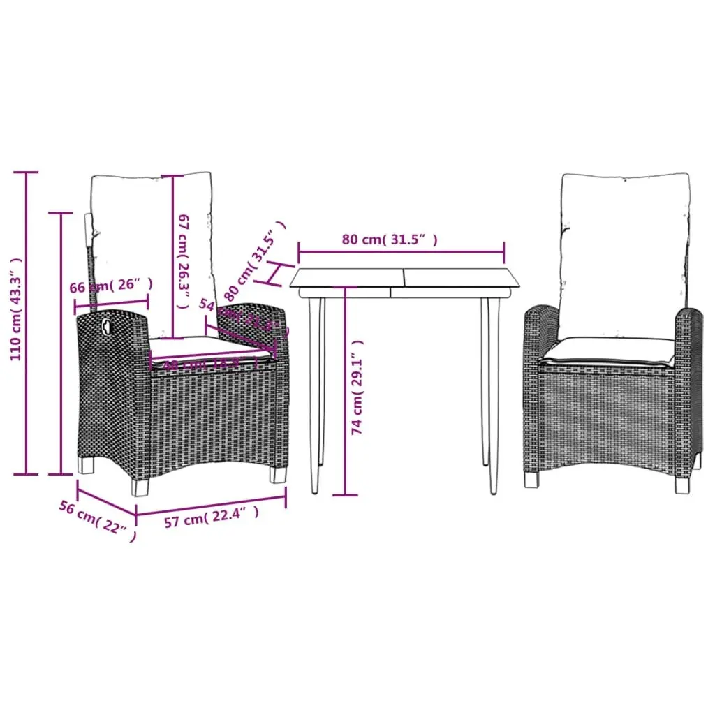 Outdoor Dining Set Black 3 Piece Poly Rattan Chairs Table Adjustable Backrest