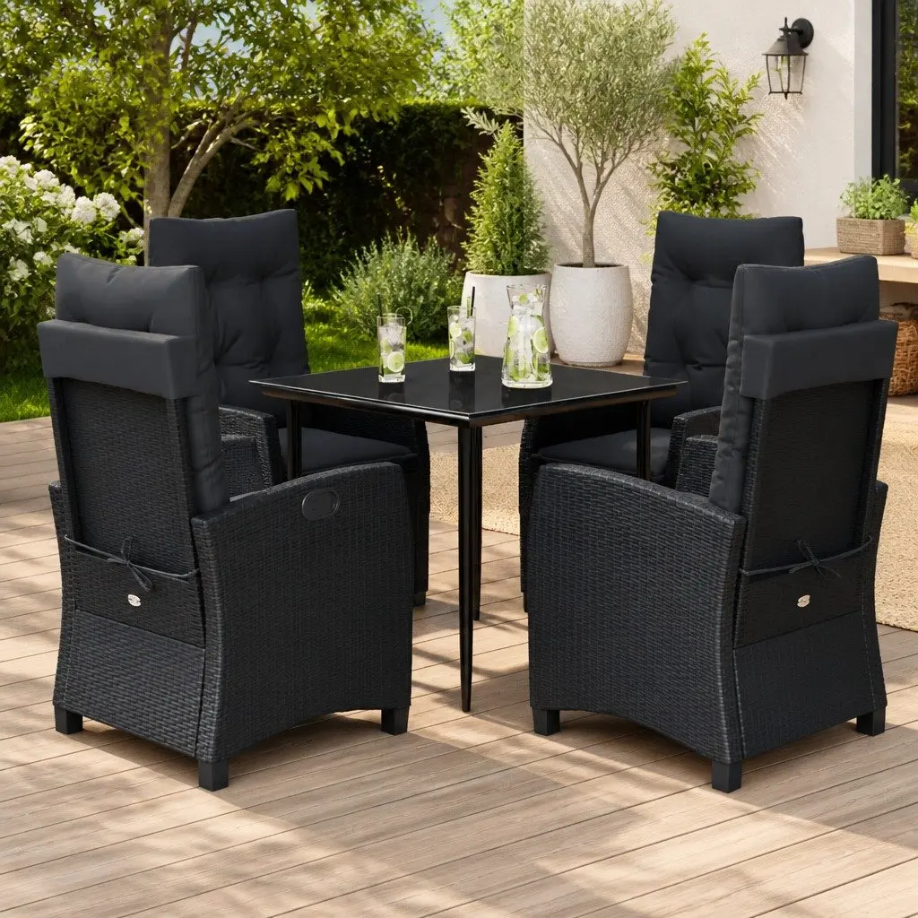 Garden Dining Set Black 5 Piece Outdoor Furniture Adjustable Backrest Padded Cushions