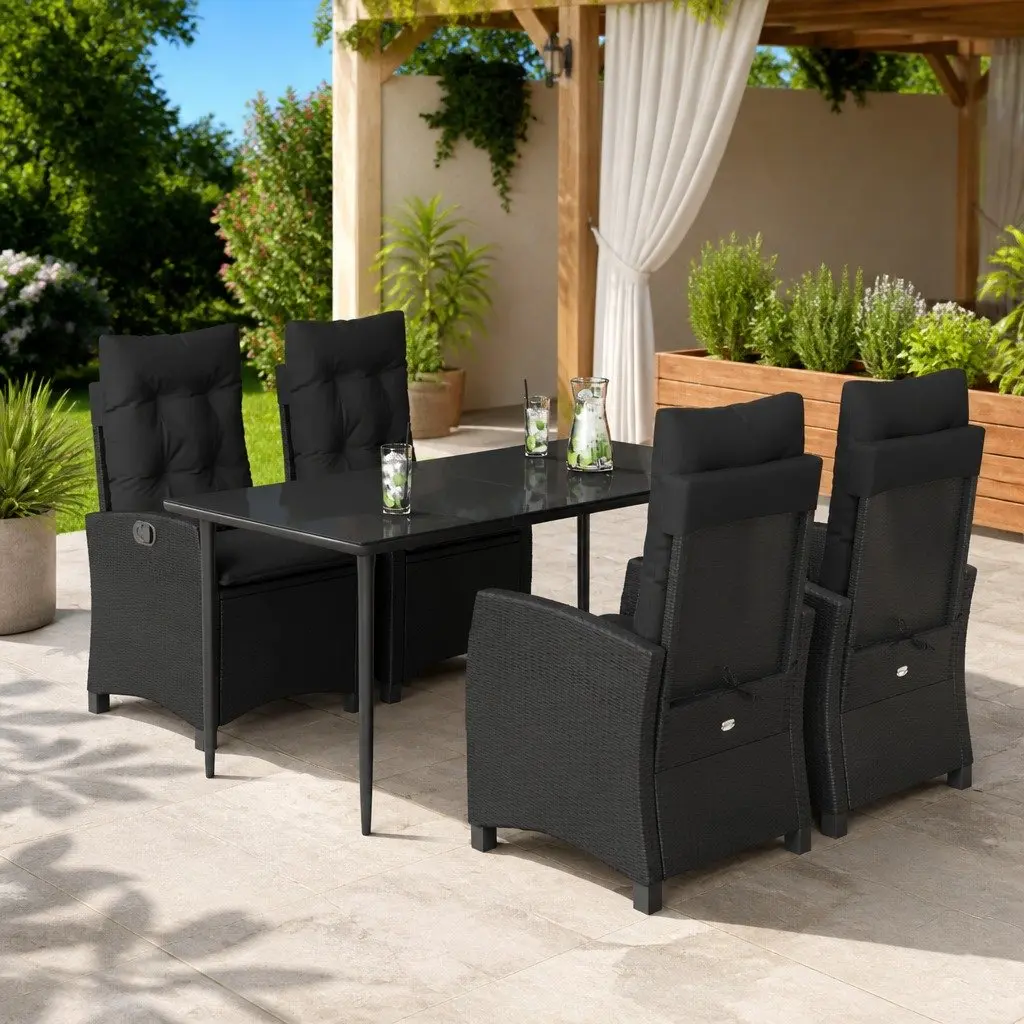 Garden Dining Set Black 5 Piece Outdoor Furniture Table Chairs Adjustable Backrest