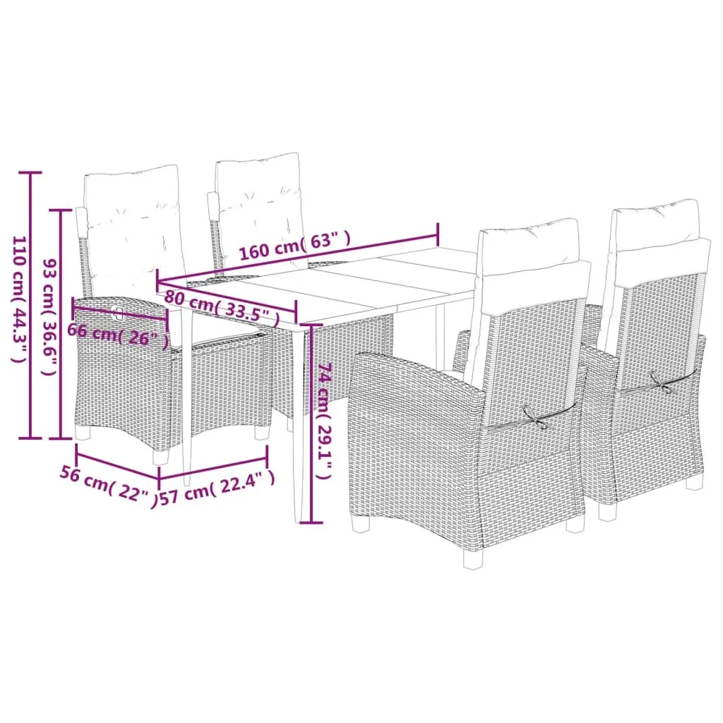Garden Dining Set Black 5 Piece Outdoor Furniture Table Chairs Adjustable Backrest