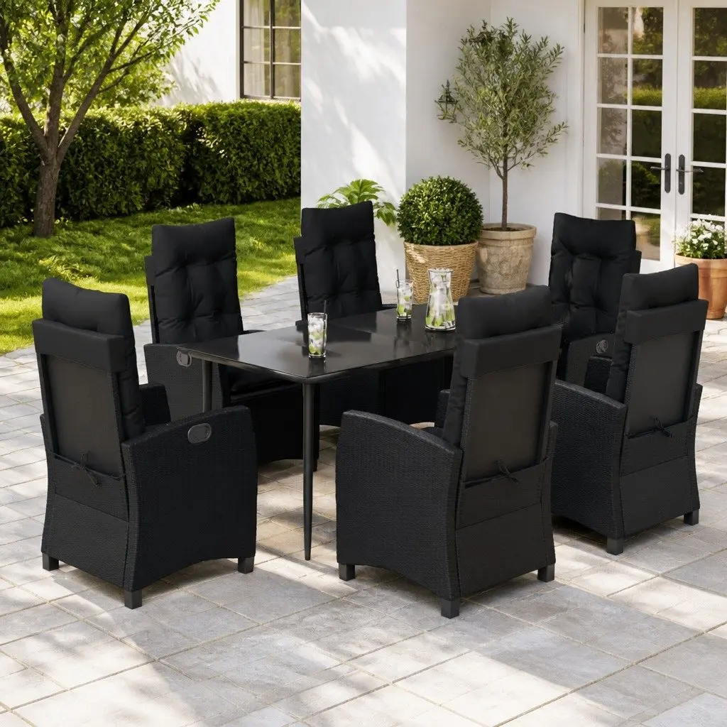 7 Piece Outdoor Garden Dining Set Black PE Rattan Chairs Table Cushions Adjustable Backrest