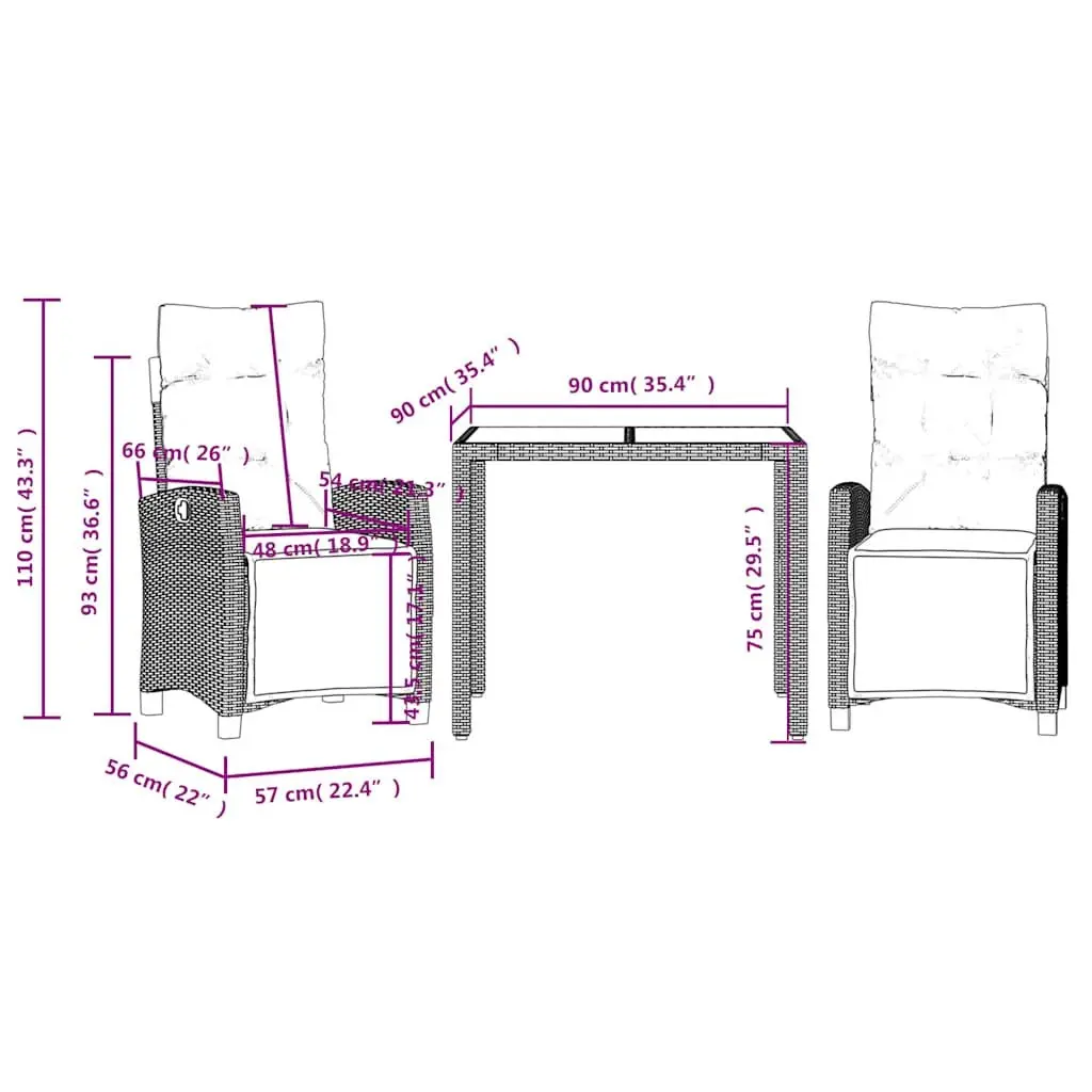 3 Piece Outdoor Dining Set in Black