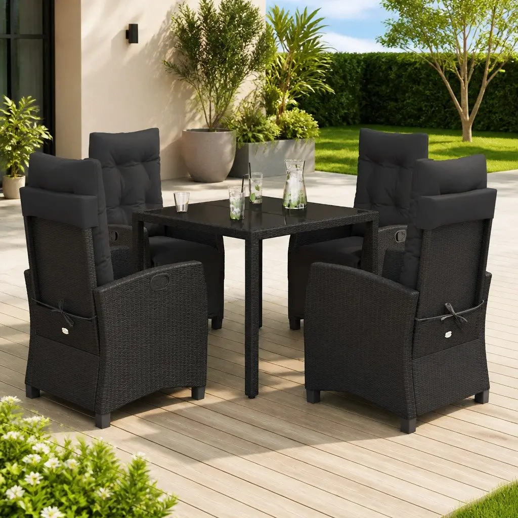 Garden Dining Set Black 5 Piece Outdoor Furniture with Cushions and Tempered Glass Top