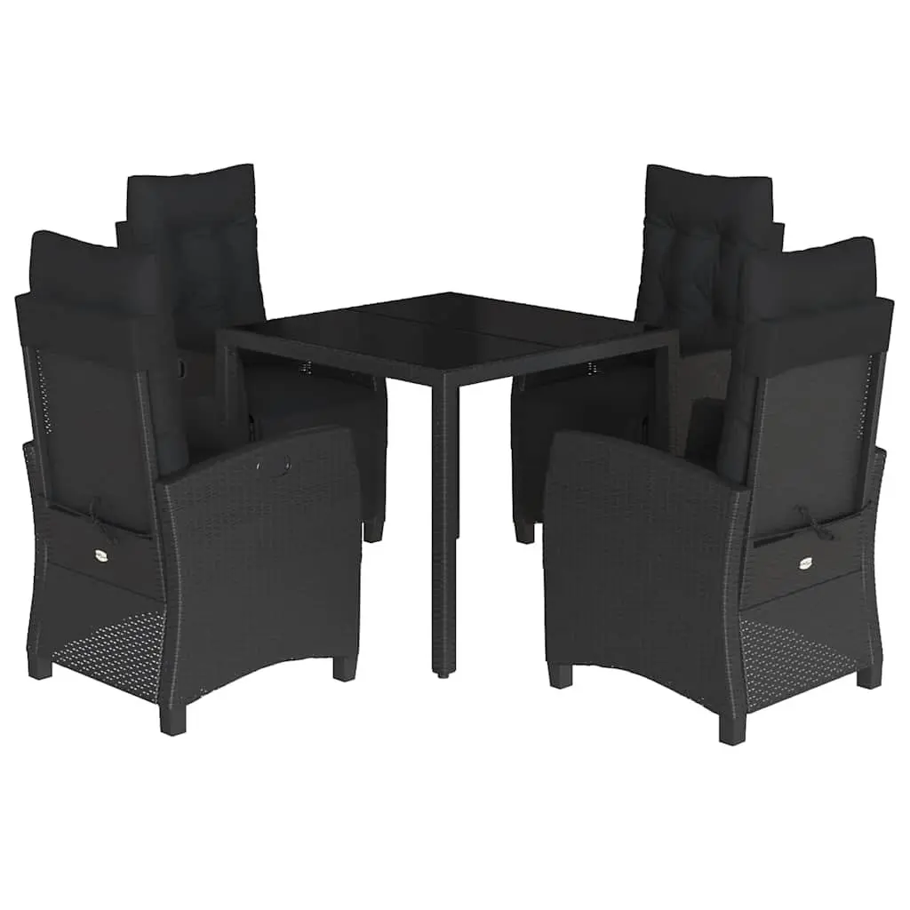 Garden Dining Set Black 5 Piece Outdoor Furniture with Cushions and Tempered Glass Top