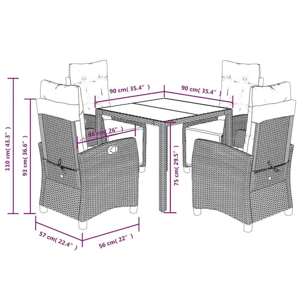 Garden Dining Set Black 5 Piece Outdoor Furniture with Cushions and Tempered Glass Top