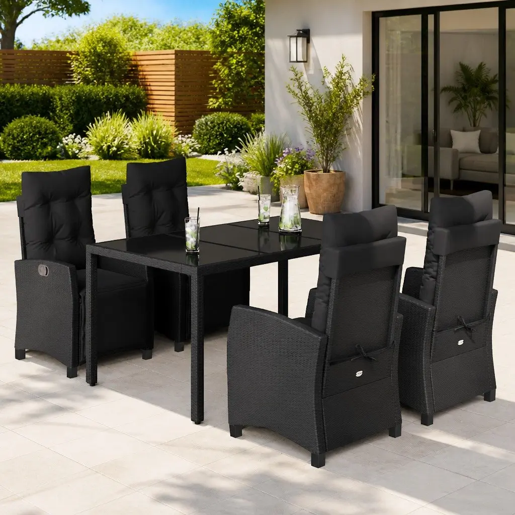 Outdoor Dining Set Black 5 Piece Patio Furniture PE Rattan Chairs Table