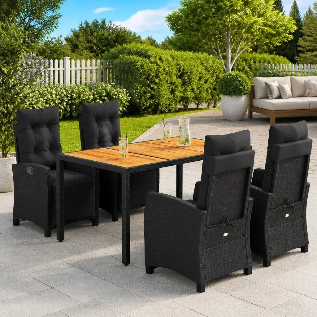 5 Piece Outdoor Garden Dining Set Black Poly Rattan Chair Table Cushions