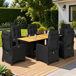 7 Piece Garden Dining Set Outdoor Furniture Black PE Rattan Cushioned Chairs