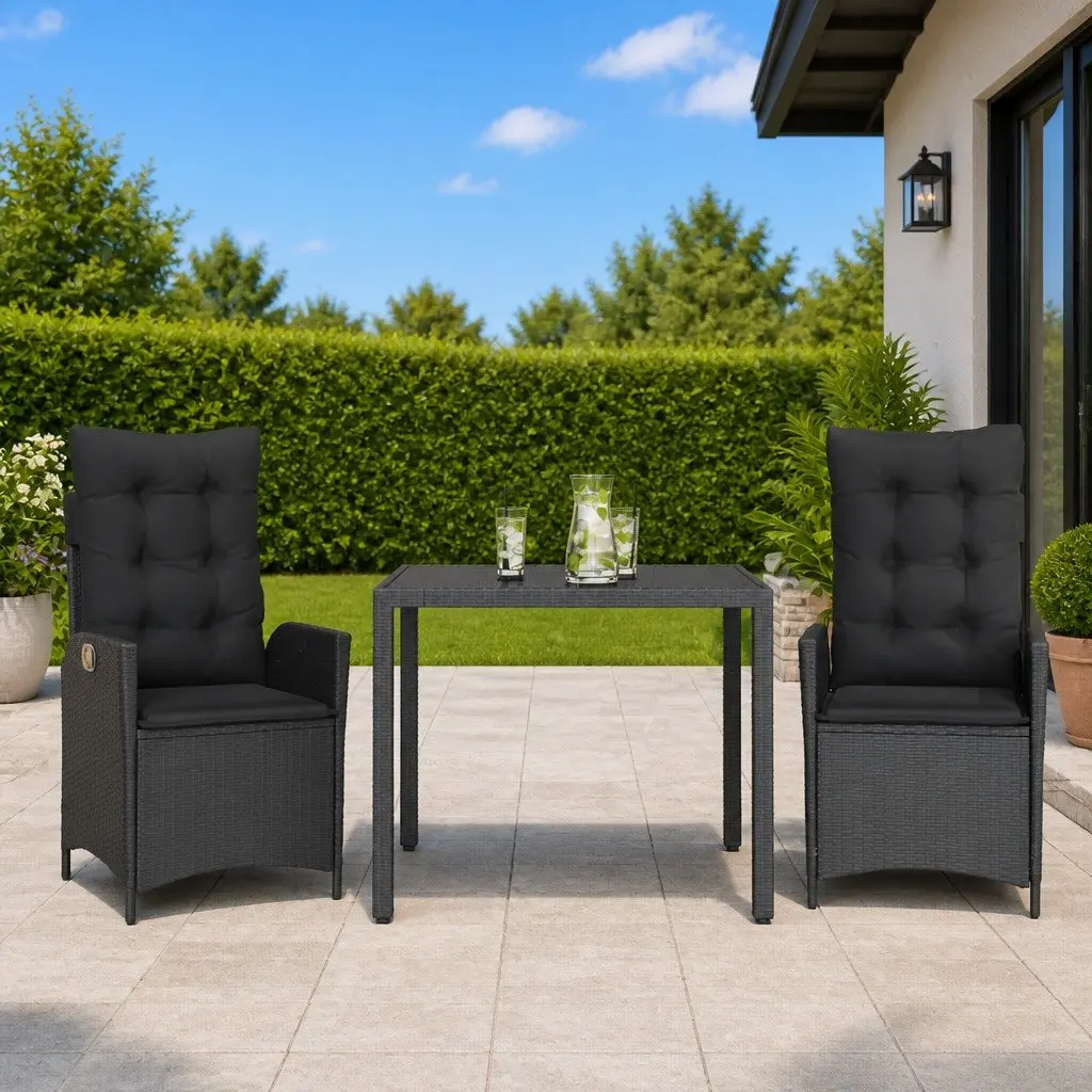 Outdoor Garden Dining Set Black 3 Piece PE Rattan with Cushions