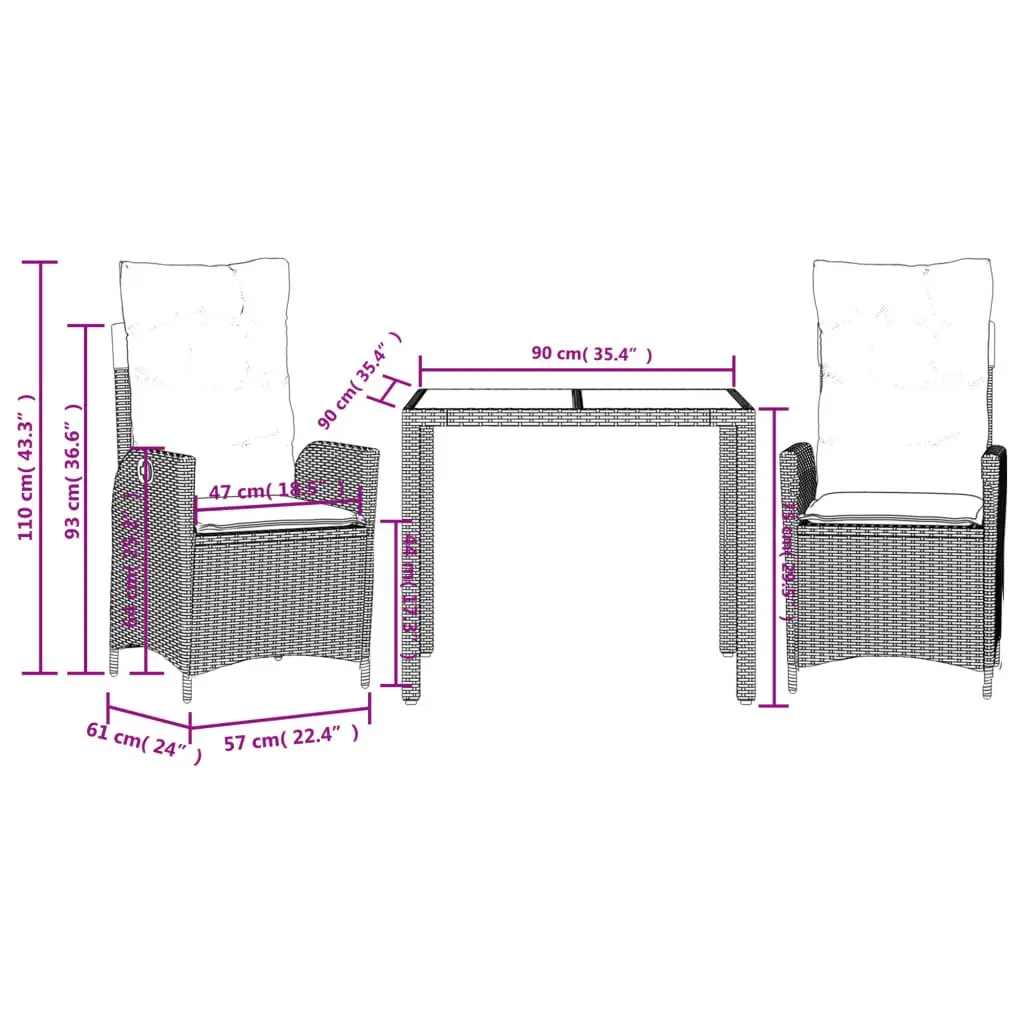Outdoor Garden Dining Set Black 3 Piece PE Rattan with Cushions