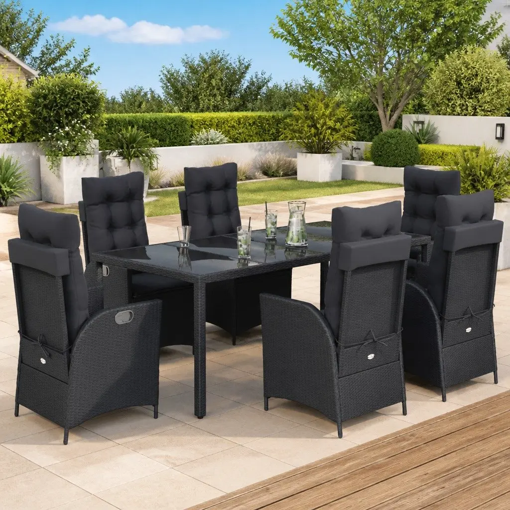 7 Piece Garden Dining Set Black Poly Rattan Adjustable Backrest with Cushions