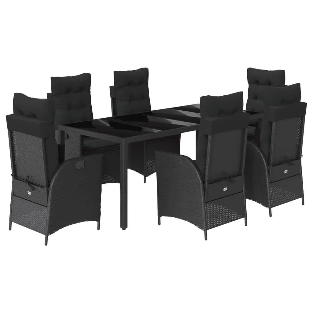 7 Piece Garden Dining Set Black Poly Rattan Adjustable Backrest with Cushions