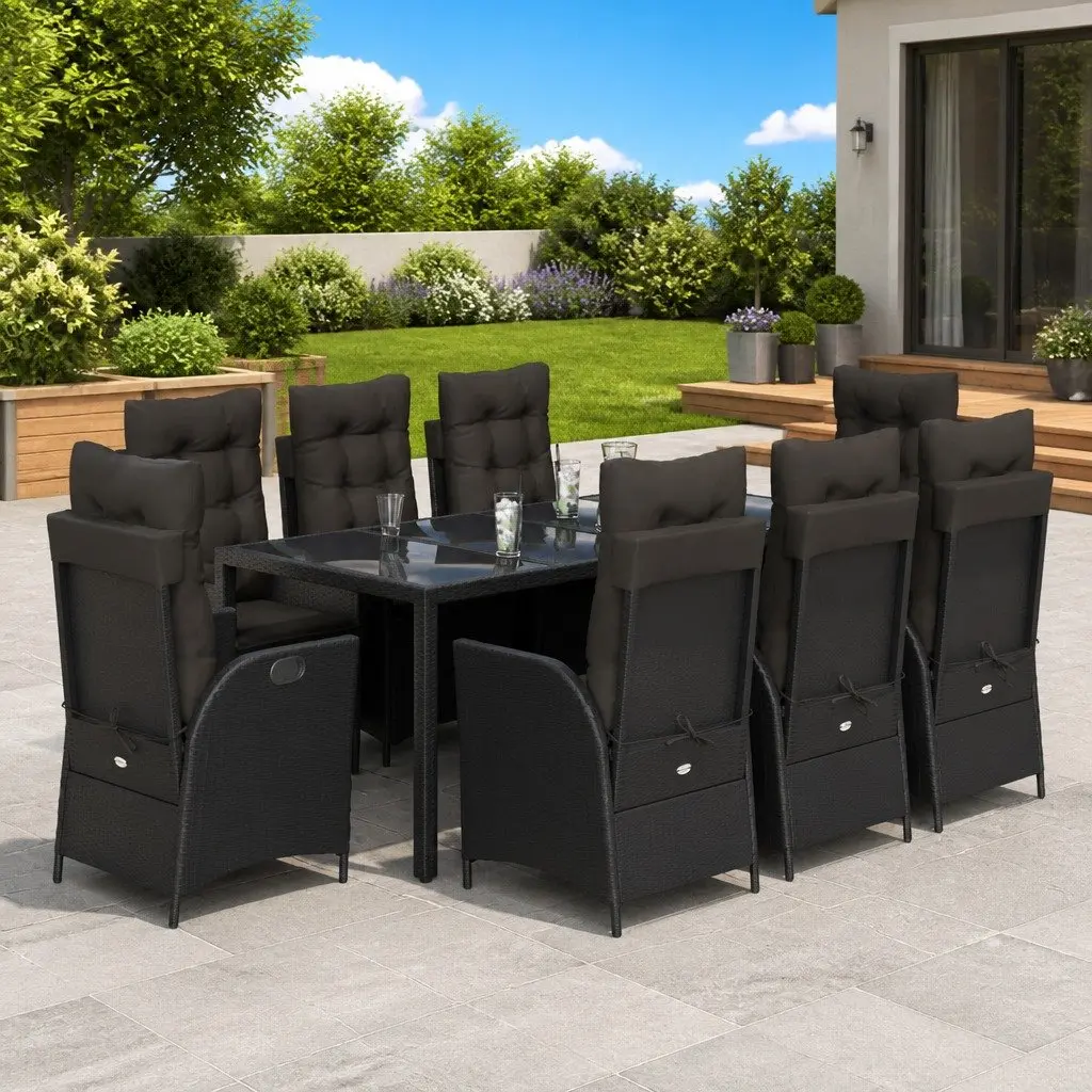 9 Piece Outdoor Garden Dining Set Poly Rattan Black Chairs Table Cushions Patio