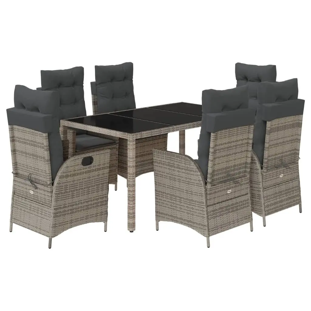 7 Piece Garden Patio Dining Set Grey Cushioned Poly Rattan Furniture with Adjustable Backrest and Tempered Glass Tabletop