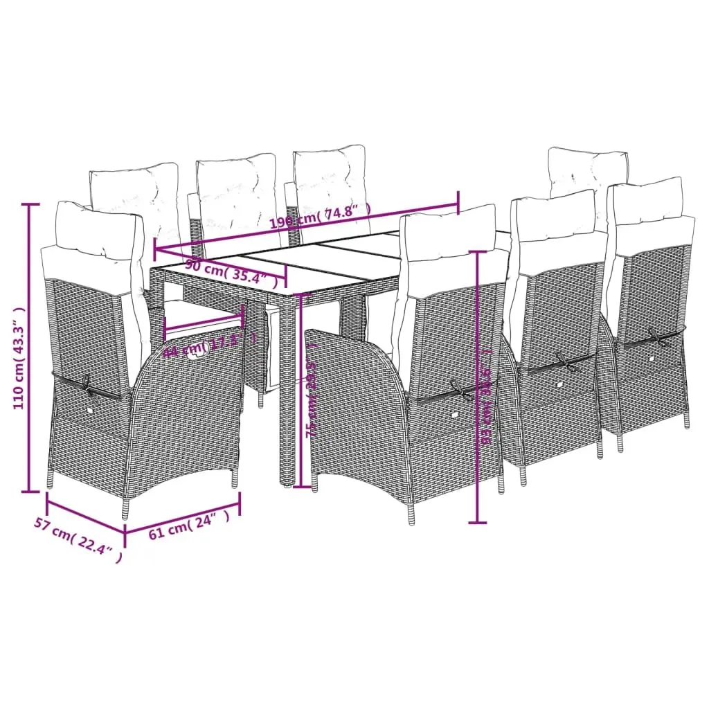 Garden Dining Set 9 Piece Outdoor Furniture Rattan Chairs Table Patio Grey