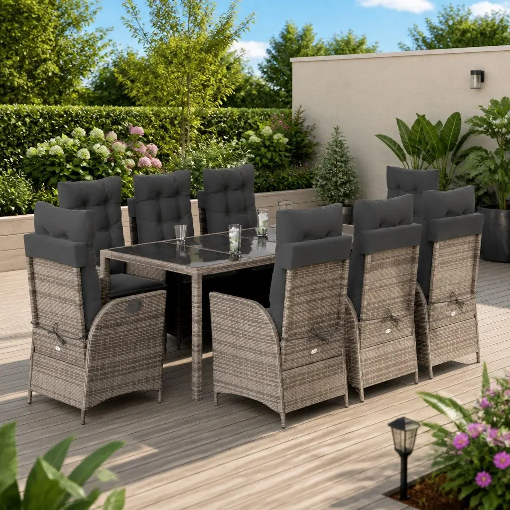 Garden Dining Set Grey 9 Piece Outdoor Furniture Poly Rattan with Cushions