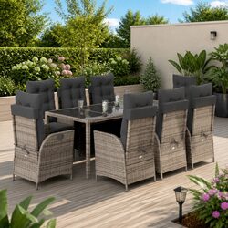 Stylish 9 Piece Garden Dining Set - Grey Poly Rattan