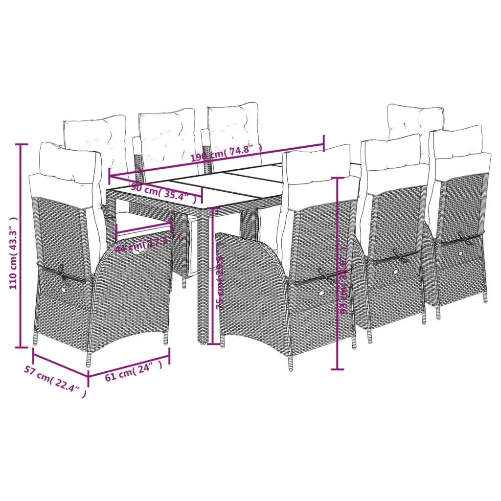 Garden Dining Set Grey 9 Piece Outdoor Furniture Poly Rattan with Cushions