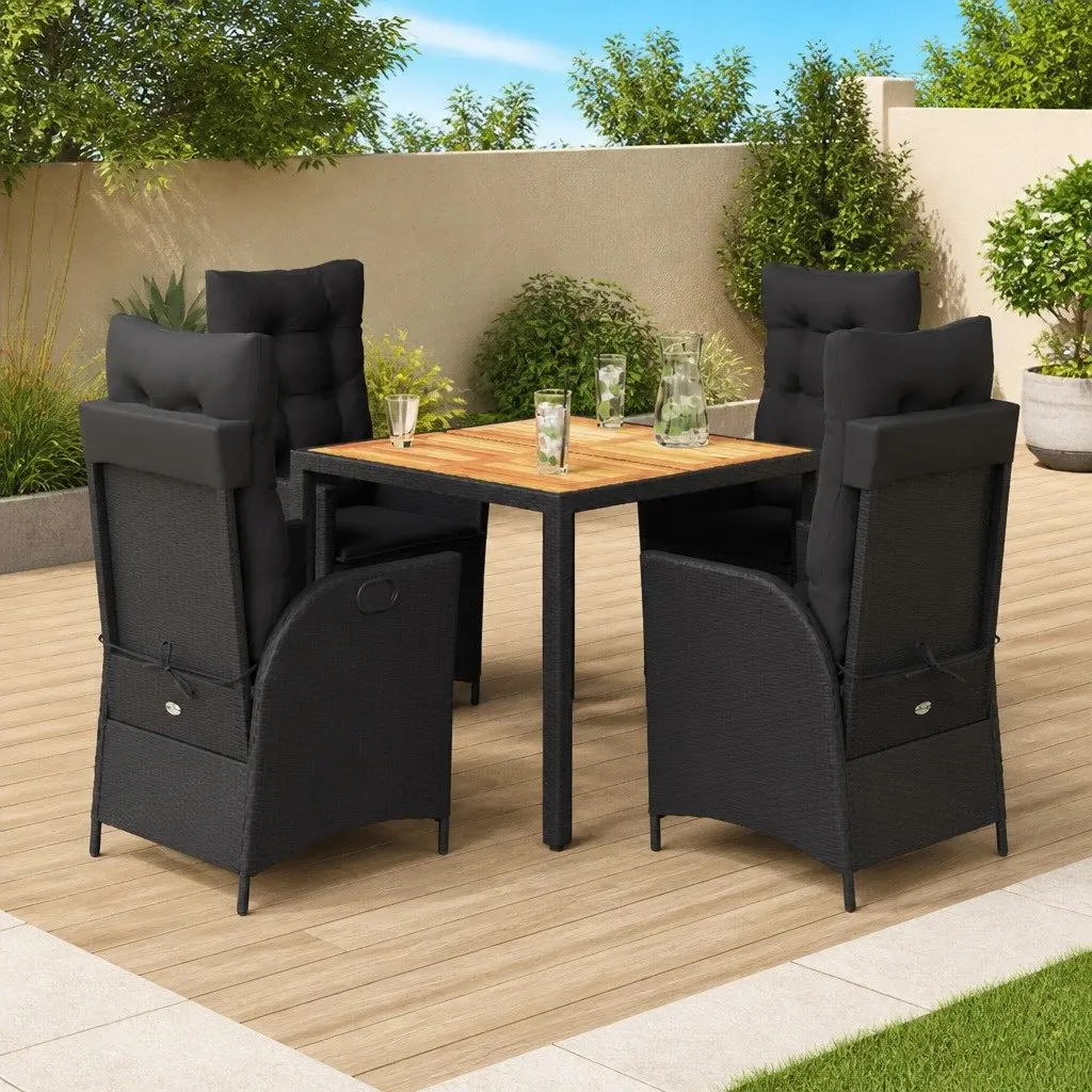 5 Piece Outdoor Dining Set Black Rattan Chairs Acacia Table Adjustable Backrest