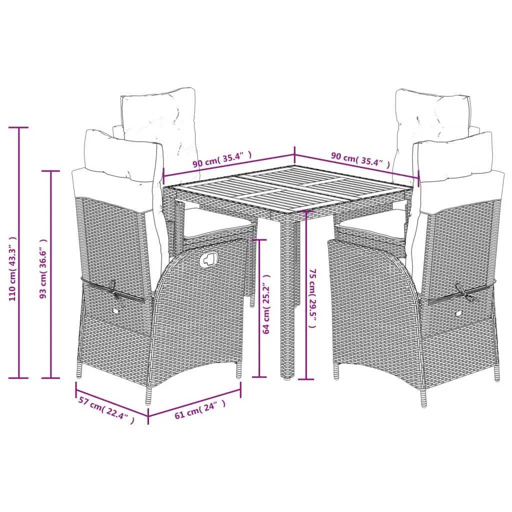 5 Piece Outdoor Dining Set Black Rattan Chairs Acacia Table Adjustable Backrest