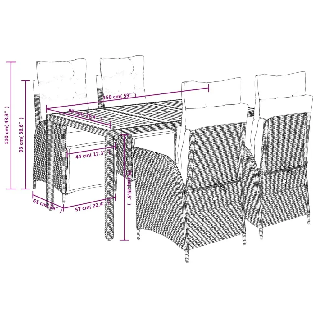 Garden Dining Set 5 Piece Outdoor Patio Furniture with Cushions Black Rattan