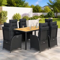 7 Piece Garden Dining Set Outdoor Patio Table Chairs Black Poly Rattan Cushions