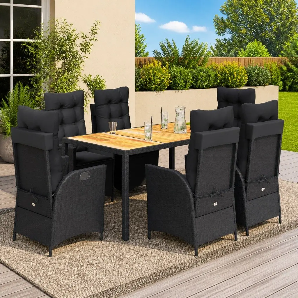Outdoor Dining Set Black 7 Piece Poly Rattan Table Chair with Cushions