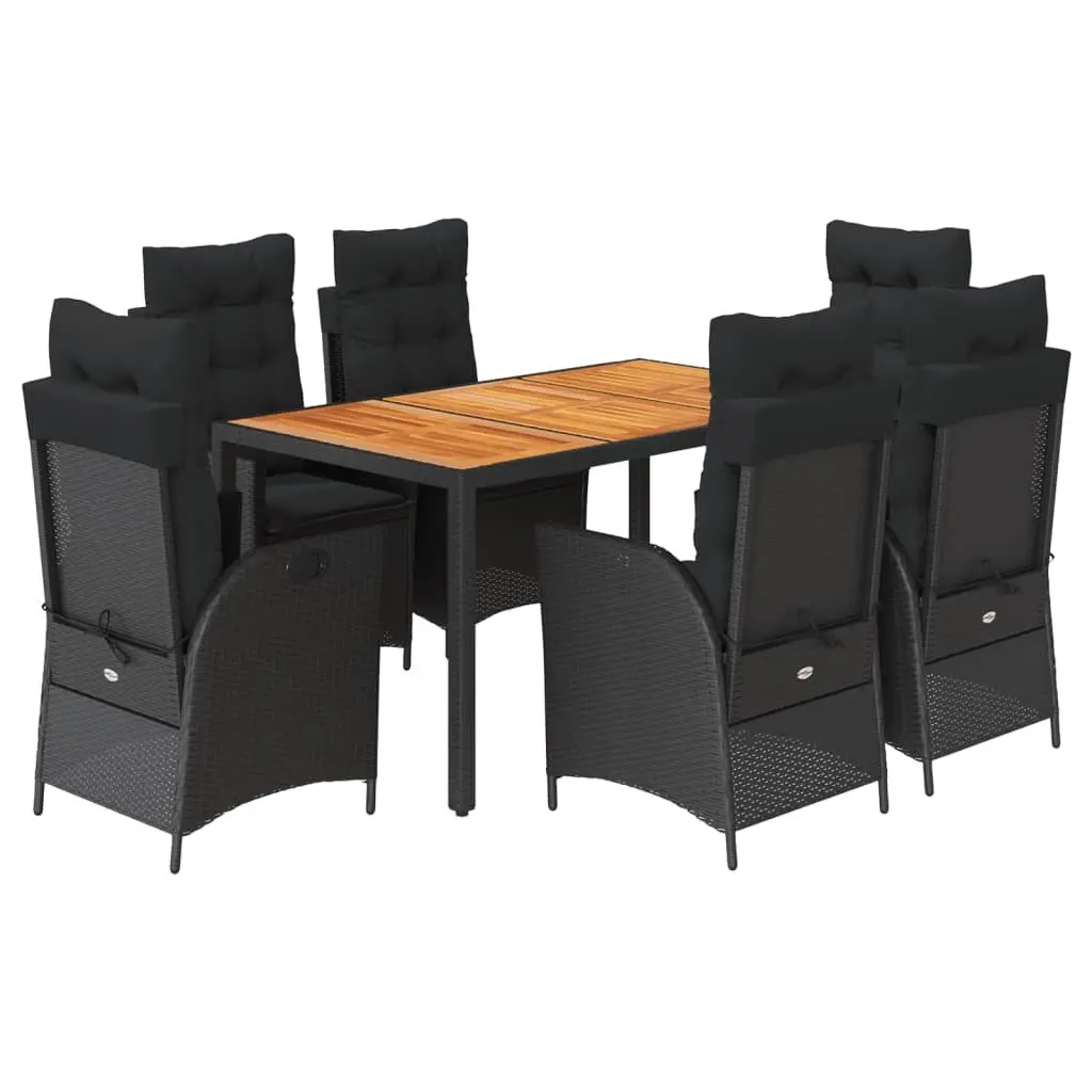 Outdoor Dining Set Black 7 Piece Poly Rattan Table Chair with Cushions