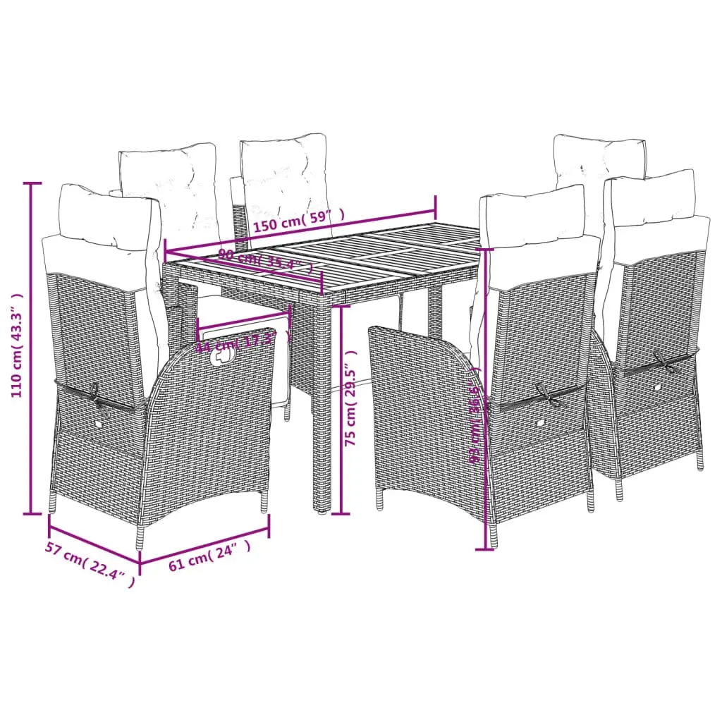 Outdoor Dining Set Black 7 Piece Poly Rattan Table Chair with Cushions
