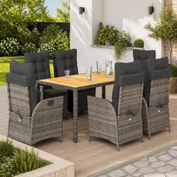Garden Dining Set 7 Piece Outdoor Furniture with Cushions Grey Rattan