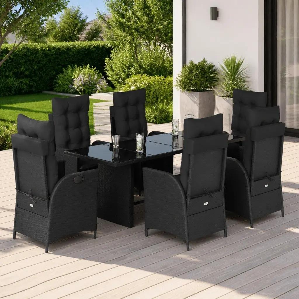 7 Piece Black Rattan Garden Set for Outdoor Dining