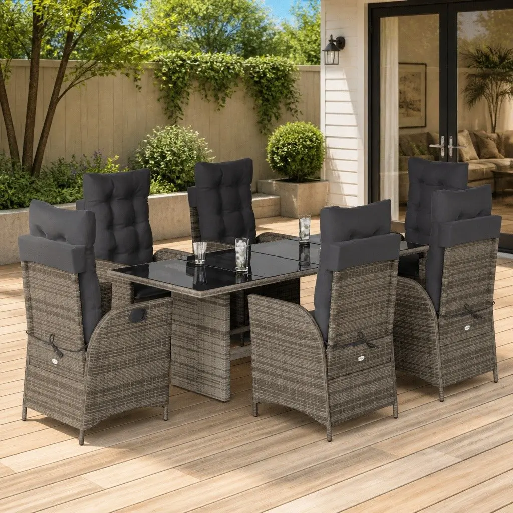 Garden Dining Set Grey 7 Piece PE Rattan Cushions Adjustable Backrest Tempered Glass Tabletop