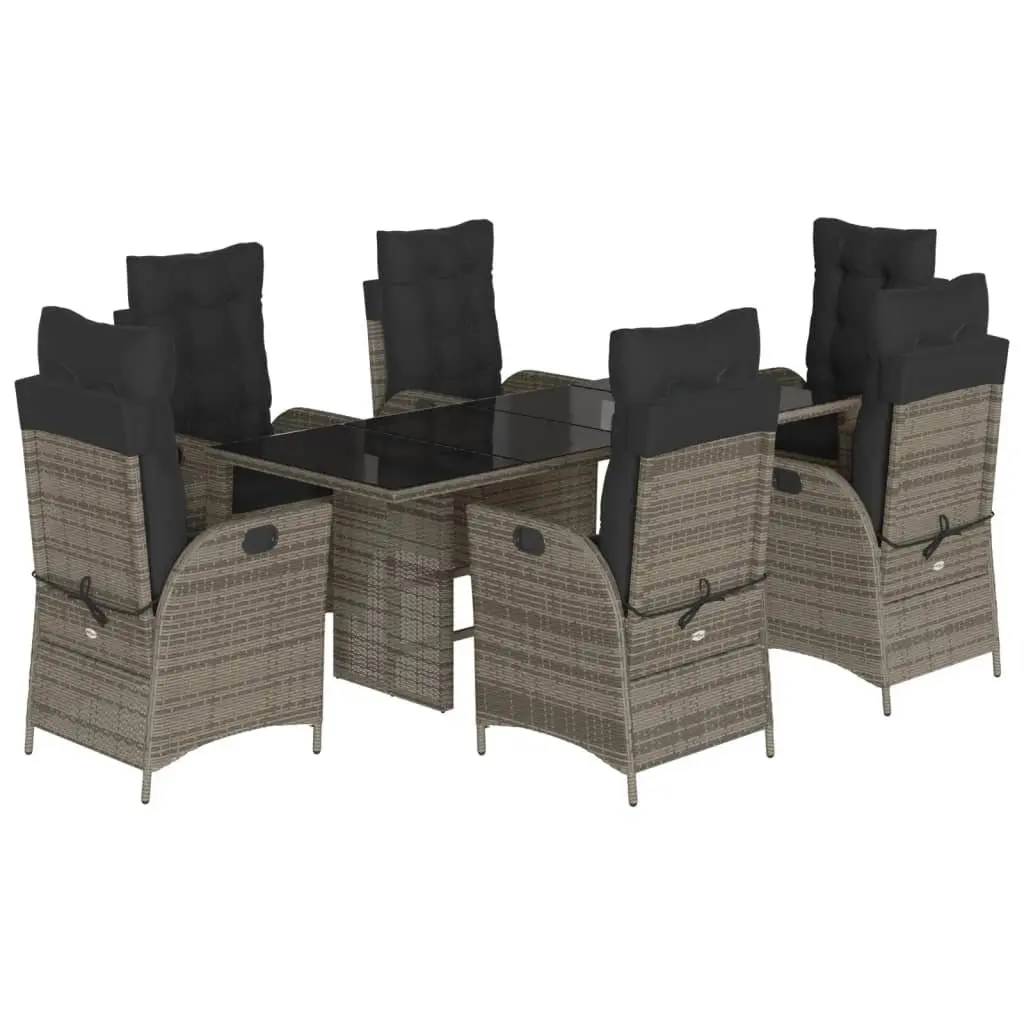 Garden Dining Set Grey 7 Piece PE Rattan Cushions Adjustable Backrest Tempered Glass Tabletop